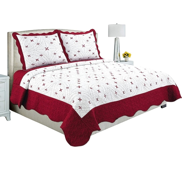 Brand New Marina Decoration Red and White Floral Queen Quilt Set - 2-Pie… - Picture 2 of 7